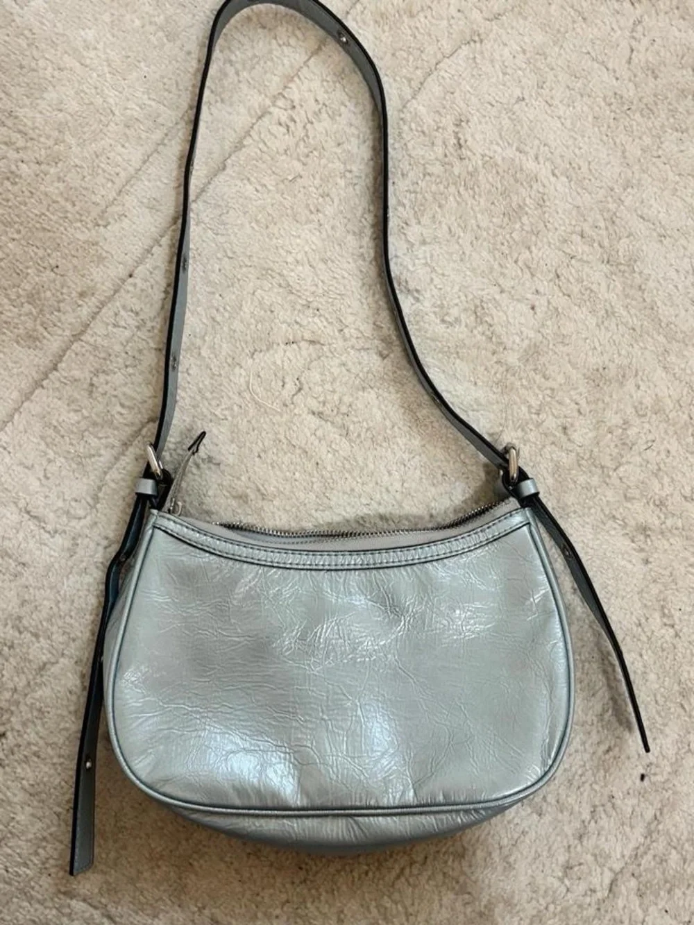 GUESS Metallic Silver Shoulder Bag with Black Trim